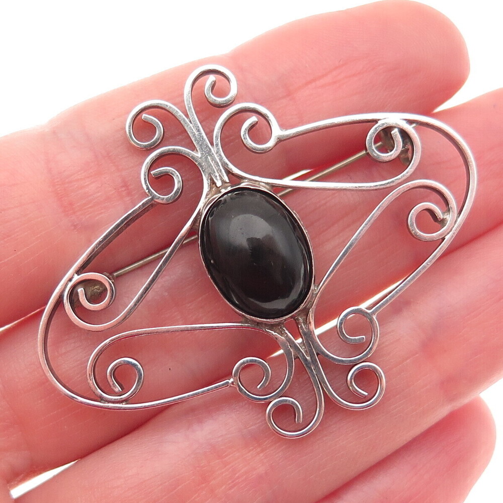 925 Sterling Silver Vintage Mexico Real Black Onyx Swirl Oxidized Pin Brooch